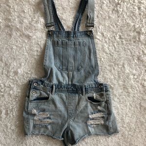 Distressed overall shorts